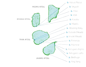 Map of Thaa Atoll surf breaks around Stay Mikado
